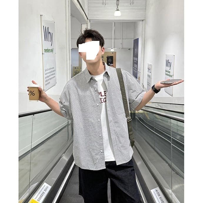 Japanese workwear style black and white plaid lapel short-sleeved shirt for men in summer light and breathable loose casual shirt jacket