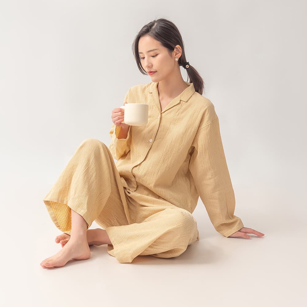 Japanese Style Long Sleeve Cotton Pajamas Set Women's Spring Autumn Double Layer Cotton Long Pants Thin Home Clothes Loose Style