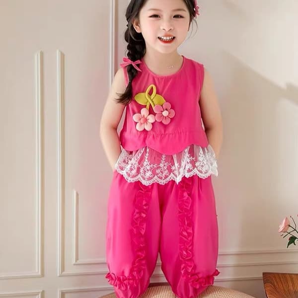 2026 new girls new summer Korean lace two-piece set baby girl summer dress little girl flower suit trendy