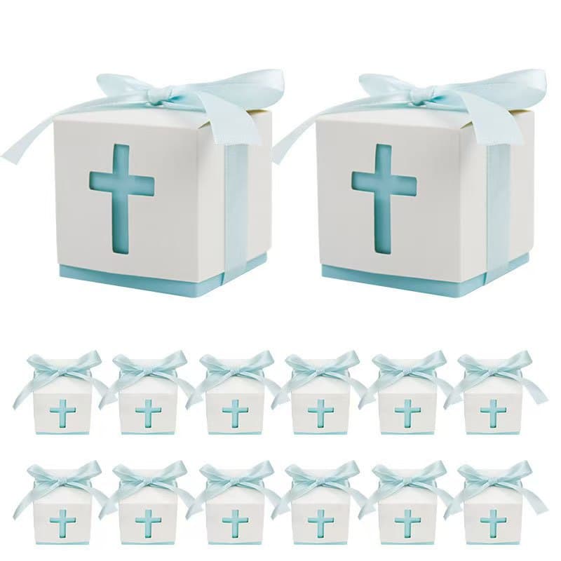 Cross Ribbon Gift Box in Blue, Gold, and Pink - Party Favor Box for Weddings, Candy Packaging