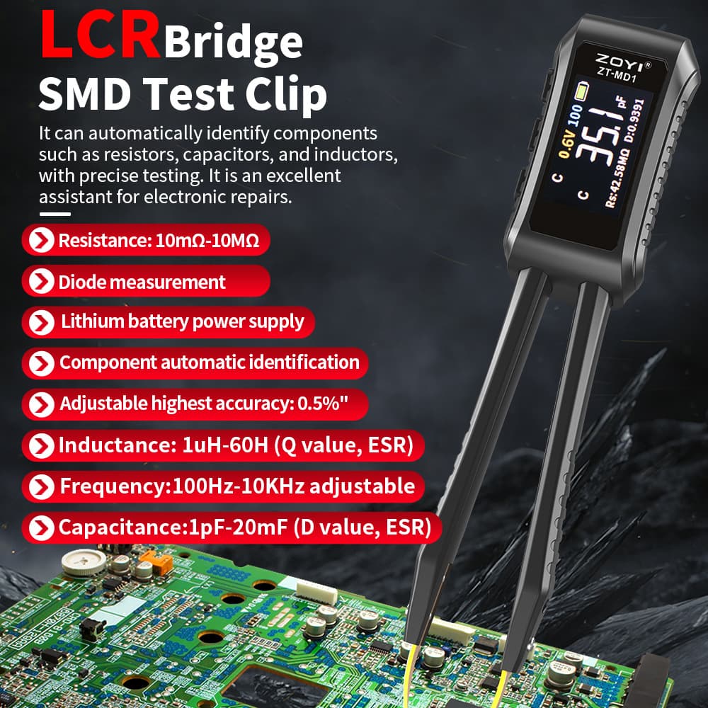 ZOYI ZT-MD1 Smart Tweezers LCR Digital Bridge Tester Automatic Measurement of Resistor, Capacitor, Inductor