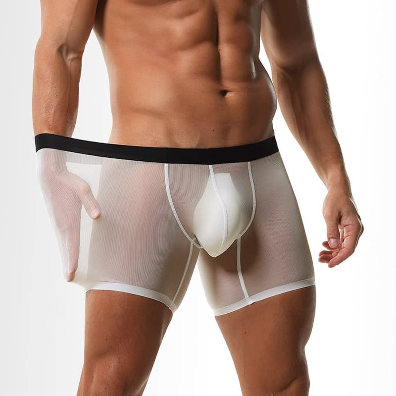 Extended Men's Boxer Briefs Ultra-Thin Breathable Ribbed Ice Silk Flat Pants U-Pouch High Elasticity Seamless Anti-Chafe Four-Corner Pants