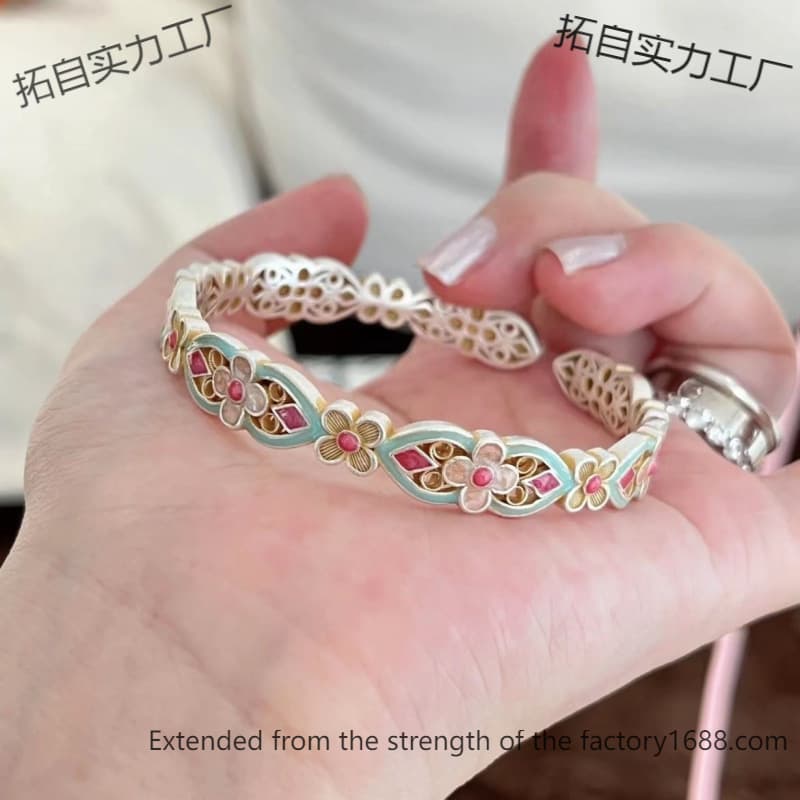 Pure Silver Bracelet for Women, Enamel Cloisonné, Chinese National Style, Palace Retro Gift for Girlfriend or Wife