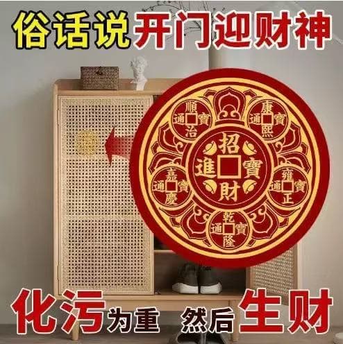 "Welcome the God of Wealth and Attract Fortune" sticker for mobile phones, a lucky charm for doors facing each other, and a "Mountain and Sea Town" sticker.
