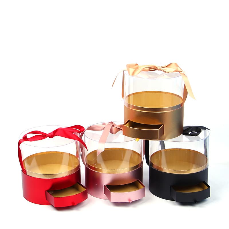 Round Metal Paper Acrylic Window Flower Box Transparent Drawer Gift Box with Ribbon Hug Bucket Flower Box Souvenir Gift Box