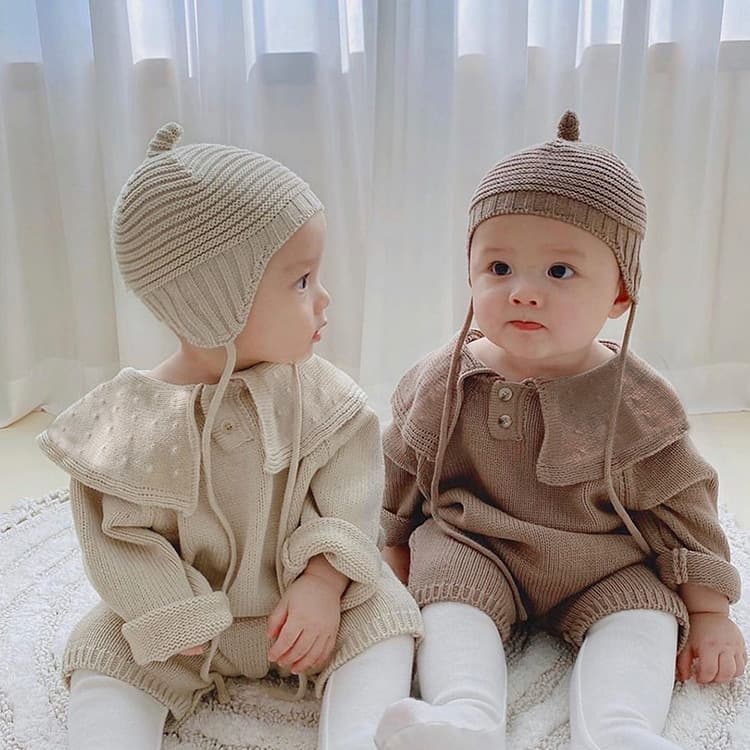 Baby Autumn Sweater Bodysuit for Boys and Girls, Large Lapel Collar Cotton Knit Sweater Onesie, Infant Long Romper