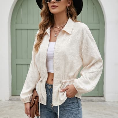Spring and Autumn High-end Jacquard Short Jacket Women's Apricot Texture Lantern Sleeve Drawstring Waist Loose Slim Jacket Women's Clothing