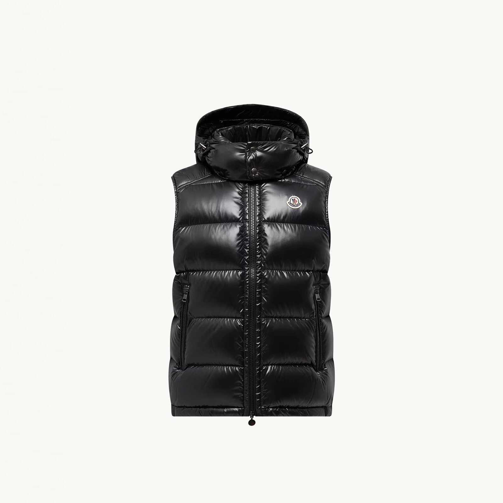 Black hooded down three-label complete vest men's stand-up collar warm vest autumn and winter glossy sleeveless jacket