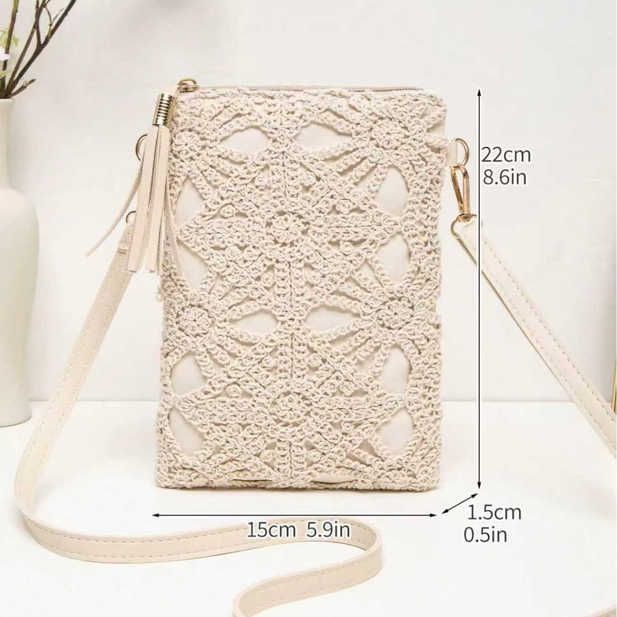 Korean Style Casual Straw Woven Beach Bag, Vintage Women's Bag, Hollow-out Fringe Flower Fashionable Single Shoulder Crochet Knitted Bag