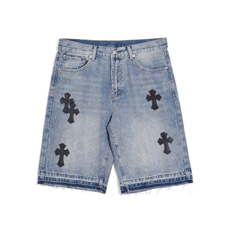 European and American High Street Leather Pattern Denim Shorts Knee Damage Cat Whiskers Denim Shorts Denim Hole Shorts