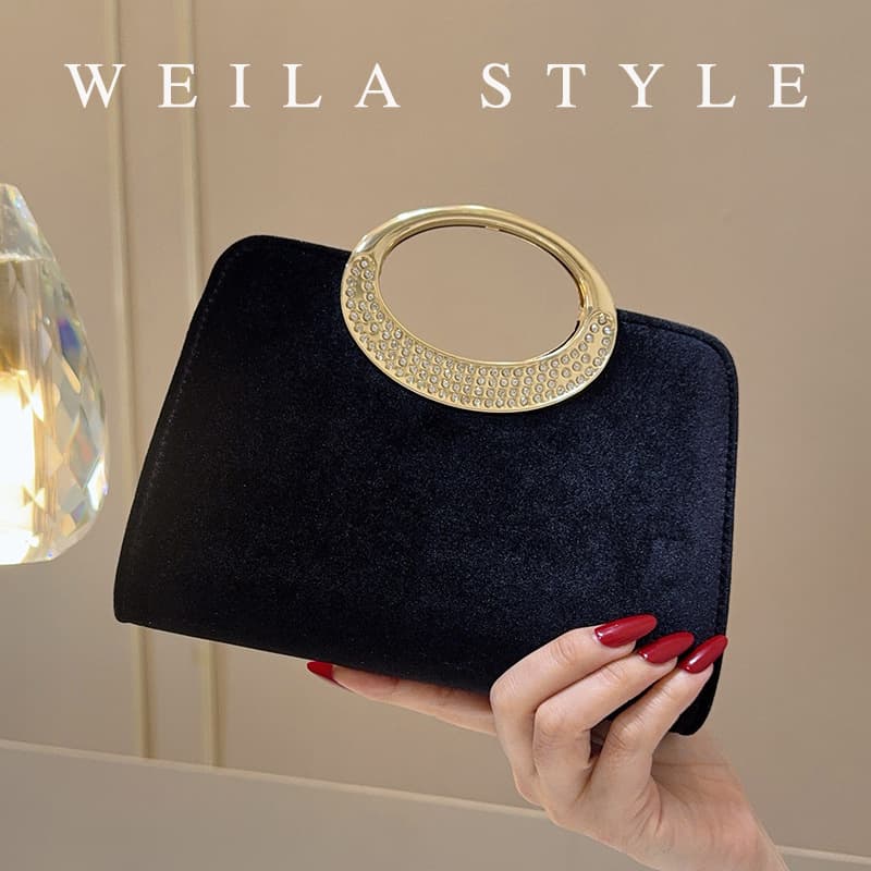 Cross-border Hot Selling Evening Bag Women's Black Suede Rhinestone Ring Handbag Banquet Elegant Dress Bag Purse