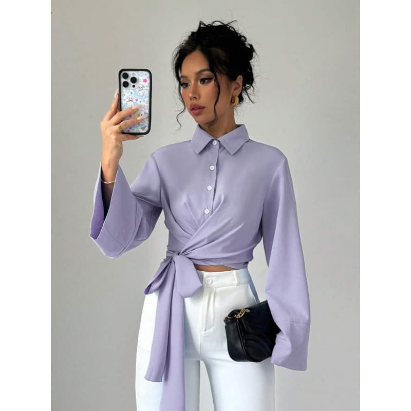 Cross-border Amazon Europe/US 2026 Fall New Fashion Tie-Strap Design Single-Breasted Casual Elegant Long-Sleeve Shirt
