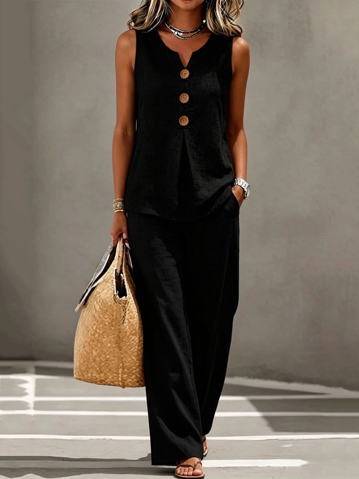 New Spring/Summer Women's V-Neck Button Sleeveless Top Set Two-Piece Outfit for Amazon Cross-Border Sales in Europe and America