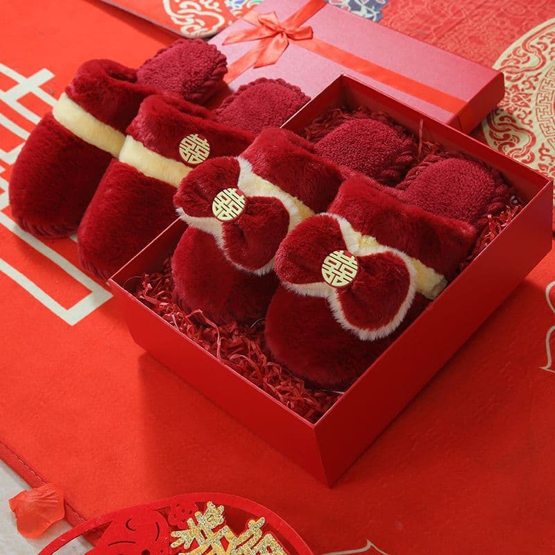 Autumn Winter Wedding Cotton Slippers Anti-slip Red Pair Light Luxury Newlywed Couple Wedding Thick Plush Indoor Gift Box