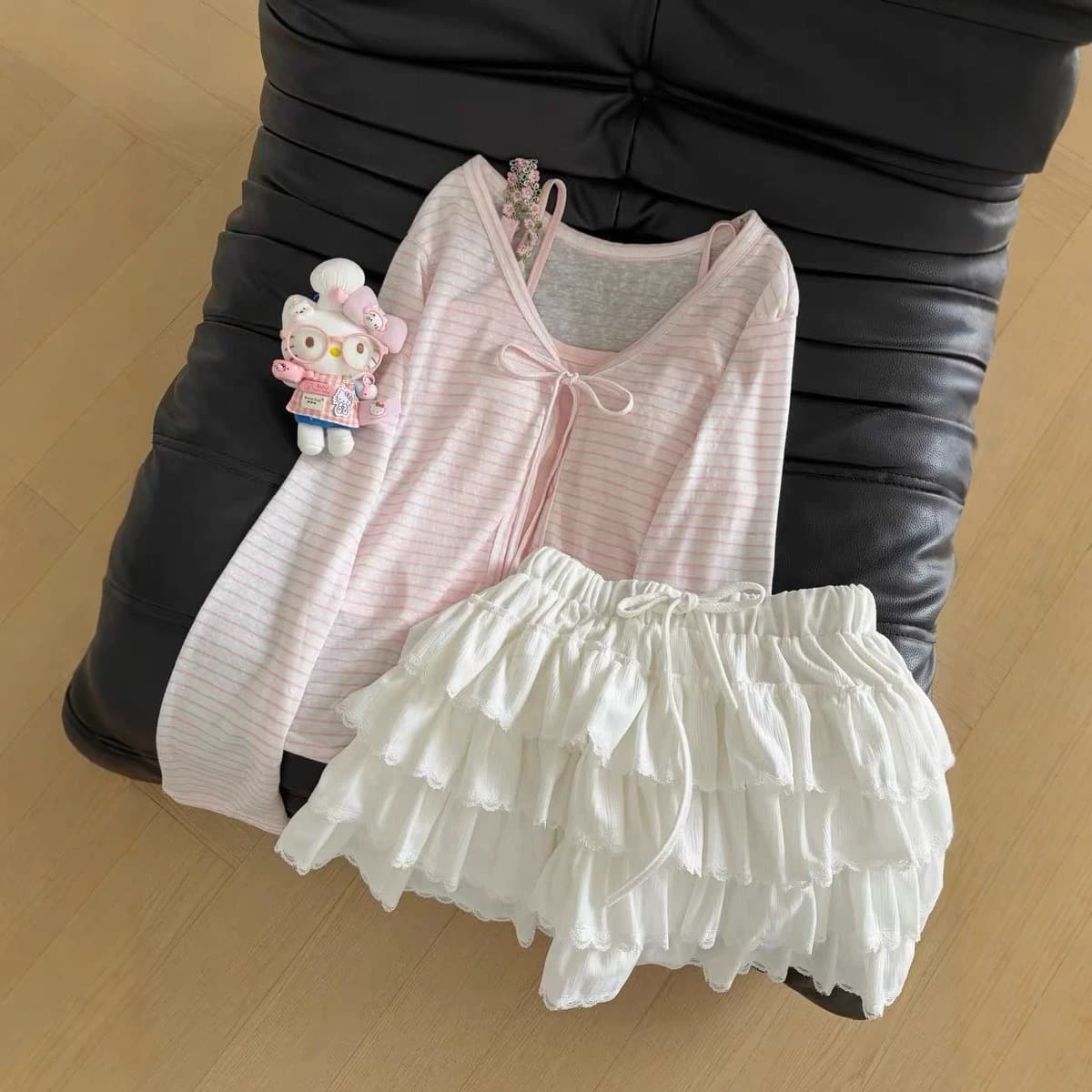 Sweet and Alluring Striped Cardigan Sun Protection Long Sleeve Cover-Up Women's Summer Layering Pink Sweet Vest Two-Piece Set Trendy