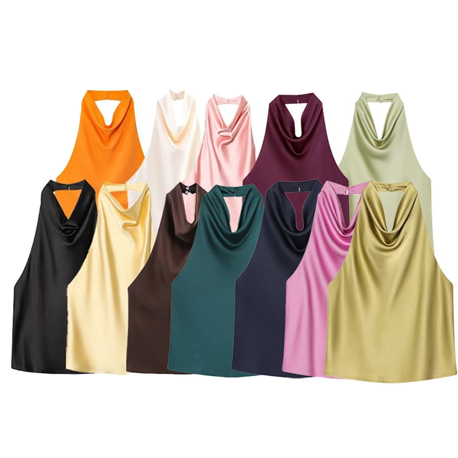 Cross-border Hot Selling Women's Sleeveless Satin Halter Top Loose Solid Color Blouse Wholesale for Export