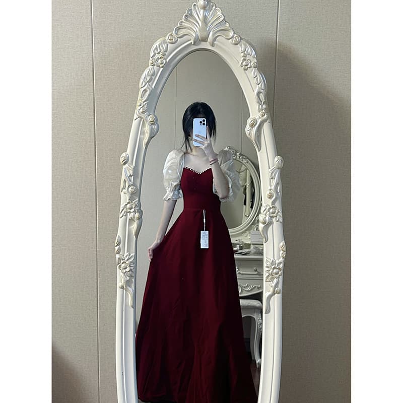 2026 Spring New Plus Size Burgundy Puff Sleeve Coming-of-Age Princess Elegant Evening Gown for Women