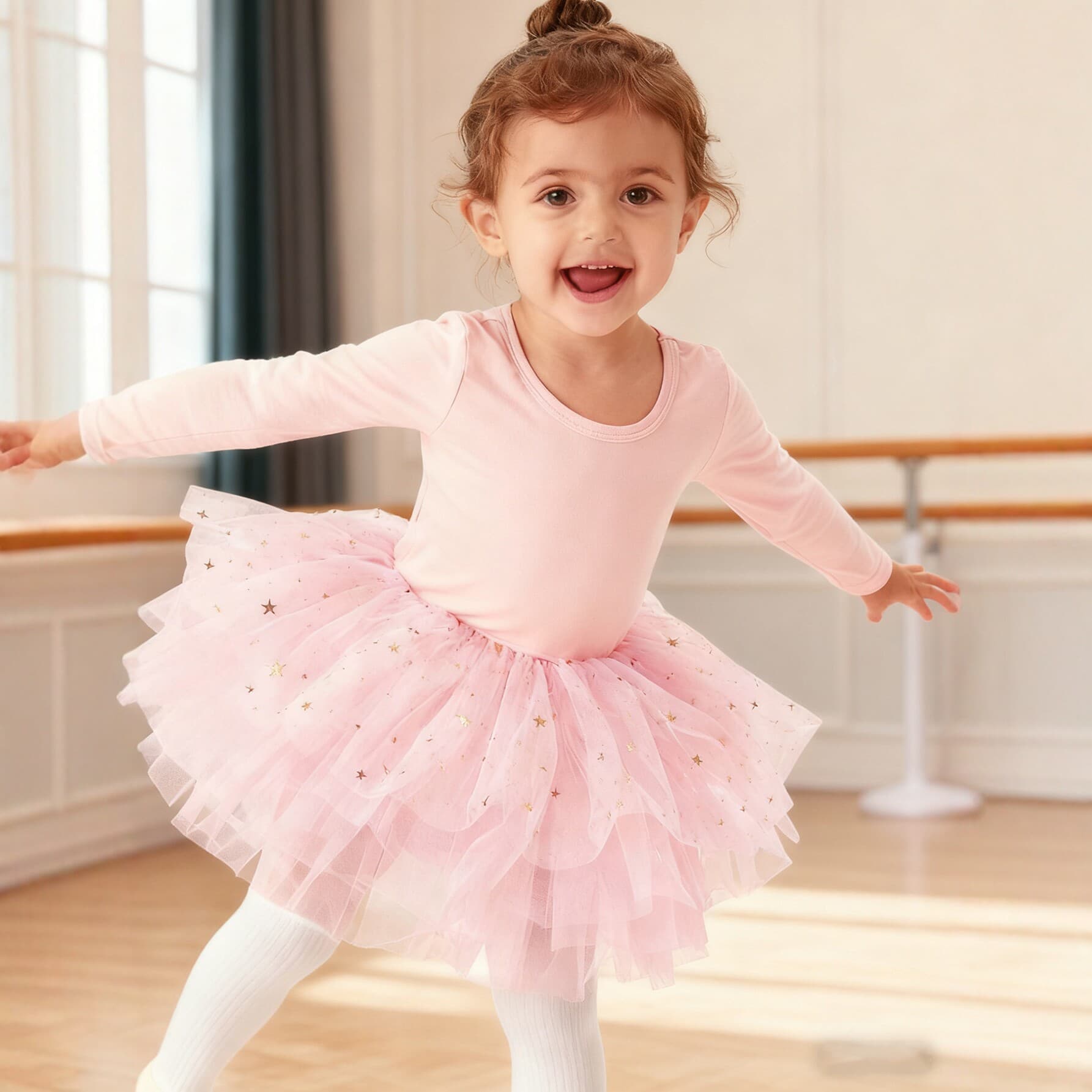 Children Ballet Dress Long Sleeve Pink Mesh Tulle Star Performance Costume Girls Dance Practice Tutu Puffy Princess Dress