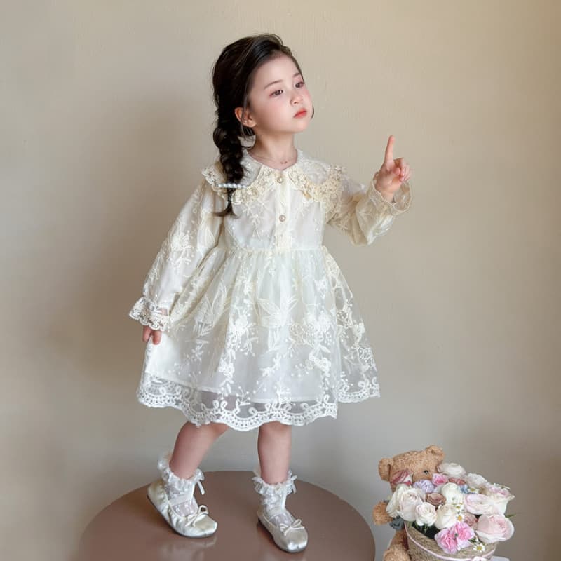 Girls' Dress Fall 2026 New Style Fashionable Kids' Lace Long-Sleeve Princess Dress with Trimmed Skirt Trendy