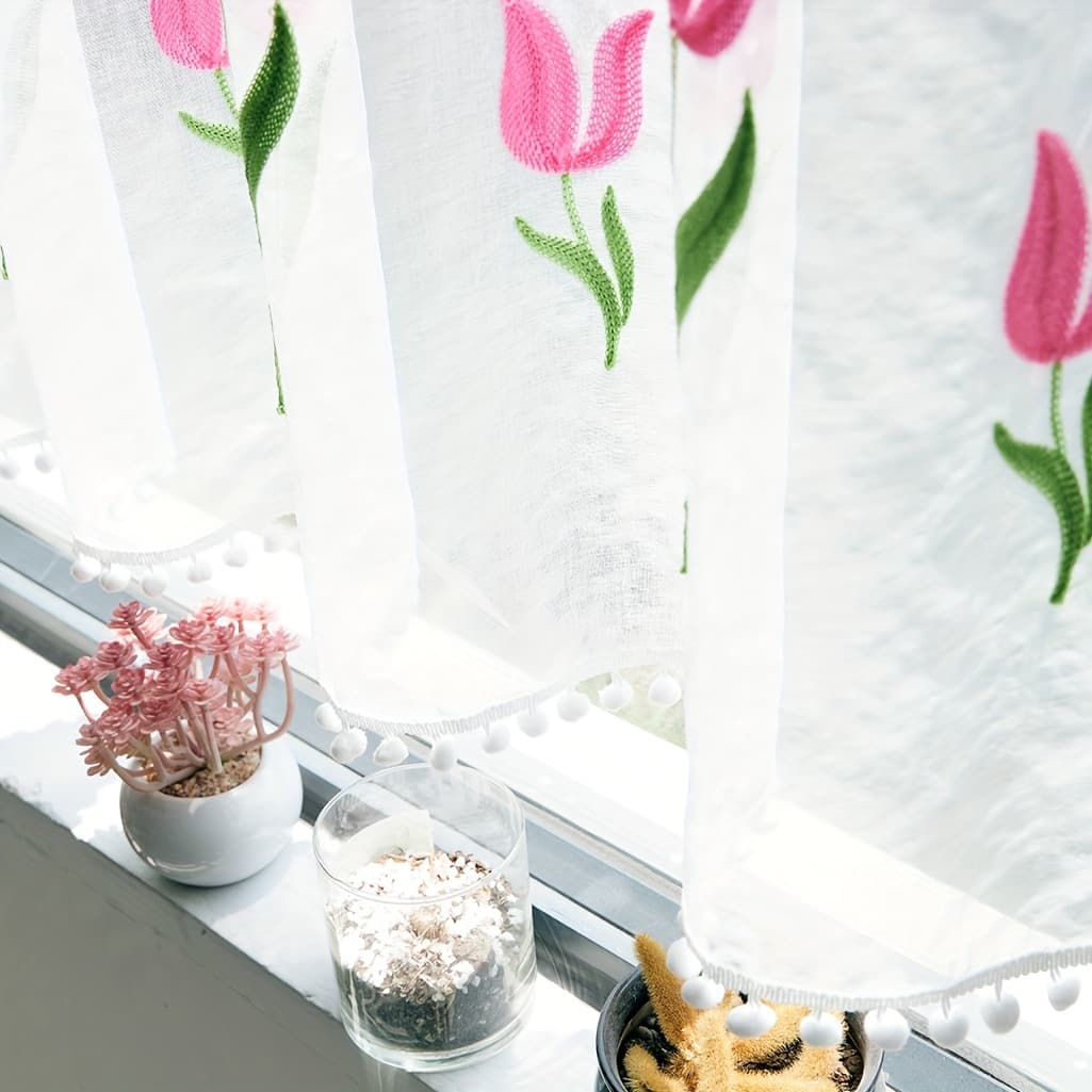 Coffee Curtain Half Curtain Ready-Made Curtain Cabinet Valance Coffee Curtain Embroidered Leaves High-End Embroidery Premium Polyester
