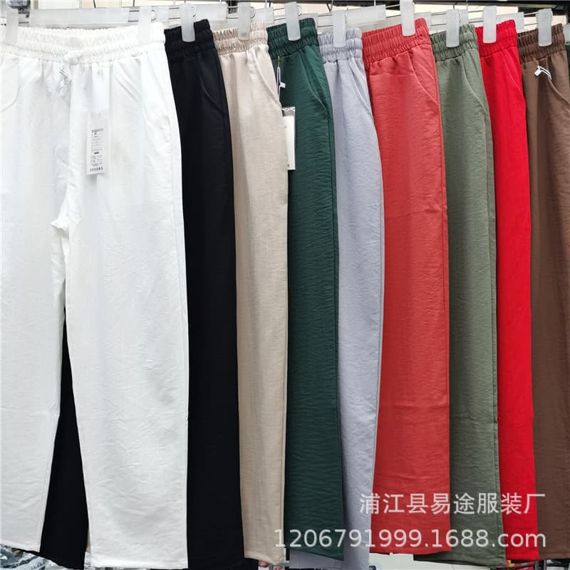 Spring and summer thin casual pants bamboo hemp board drawstring mom pants women's side-by-side sports anklet nine-minute pants batch