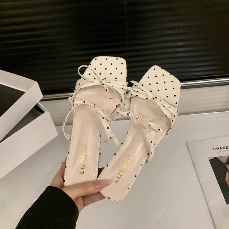 Outdoor Slide Sandals Korean Style Open-Toe Chunky Heel Women's Lazy Polka Dot Spring Summer 2026 Bow Knot One-Strap Slippers