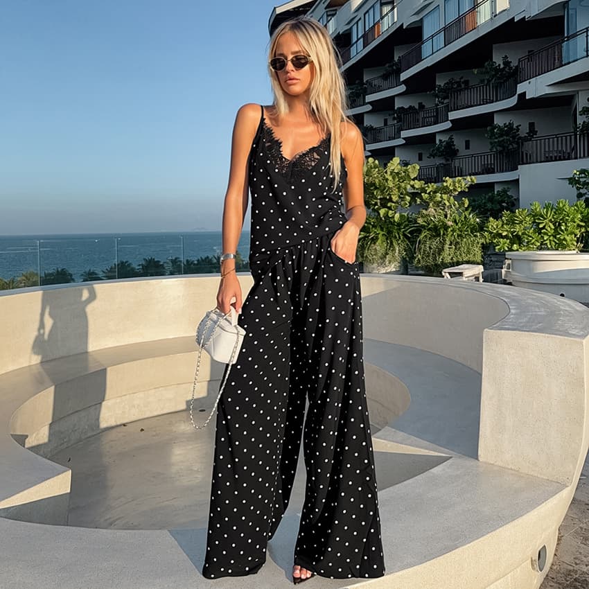 European and American 2026 new style chiffon lace V-neck camisole trousers polka dot pajamas two-piece home wear women's summer