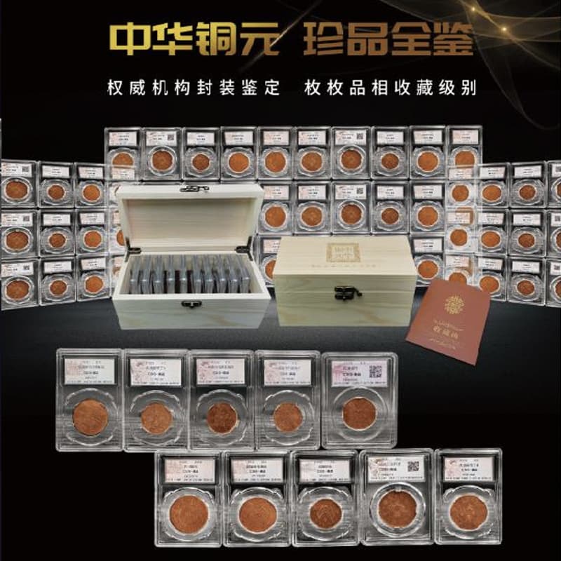 Complete Collection of Chinese Copper Coin Treasures: 5 Categories, 5 Graded and Encapsulated Coins in Premium Wooden Box for Collectors