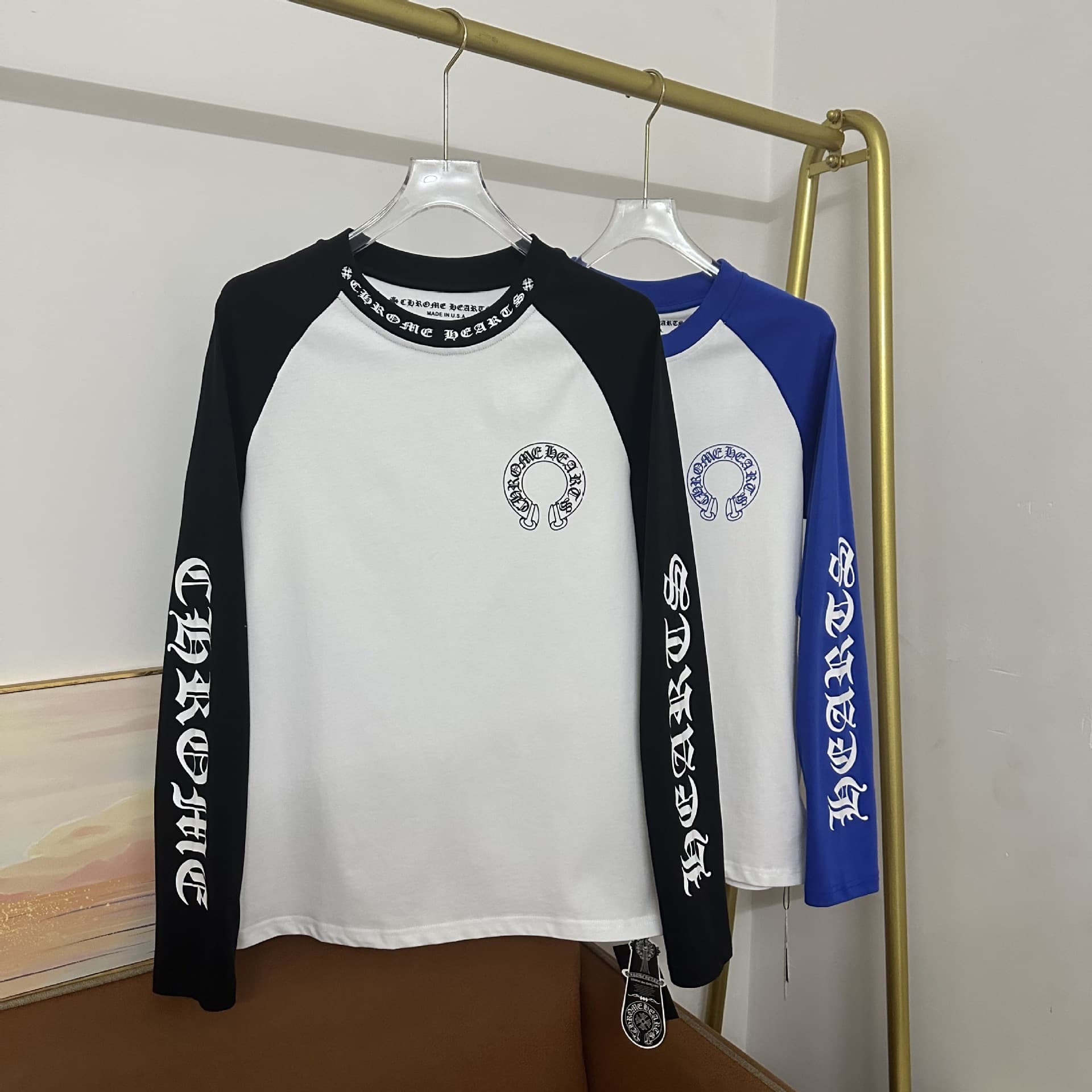 High Quality Cross-Border 25 Years CH Correct Version Autumn/Winter New Sanskrit Horseshoe Patchwork Print Long Sleeve T-Shirt