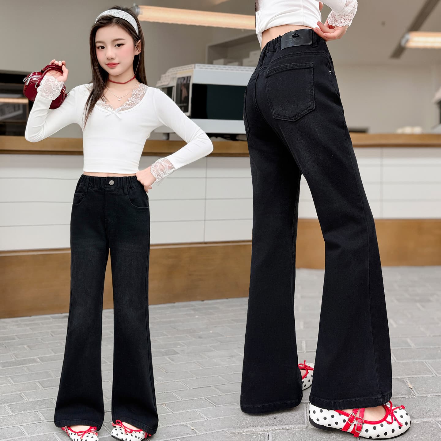 Girls' black flared jeans spring new style medium and large children's high-waisted loose wide-leg trousers Korean style trendy trousers autumn