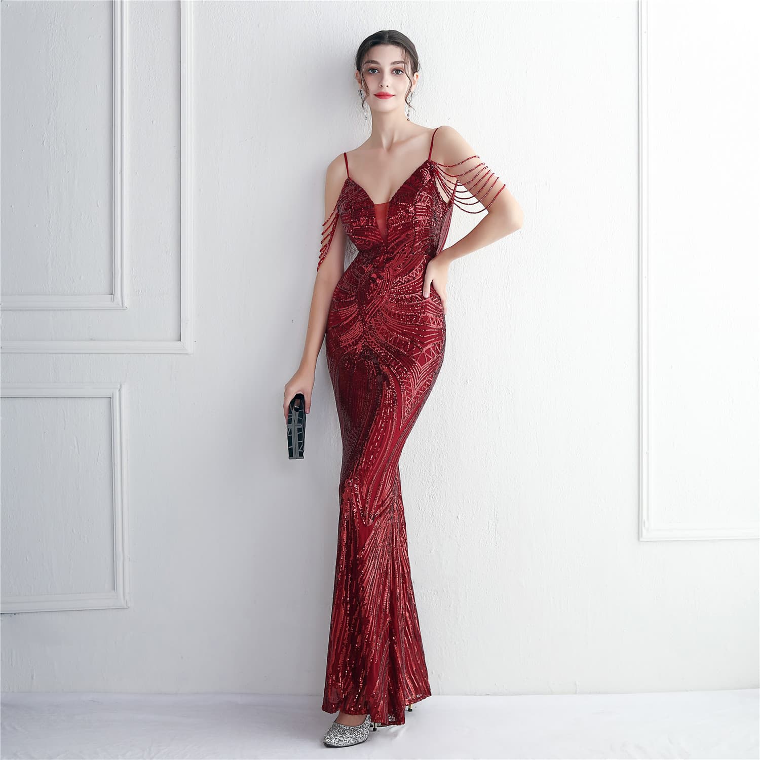 19625# Positioned Floral Beaded Strap Evening Sequin Gown Long Banquet Slim Fit Elegant Dress