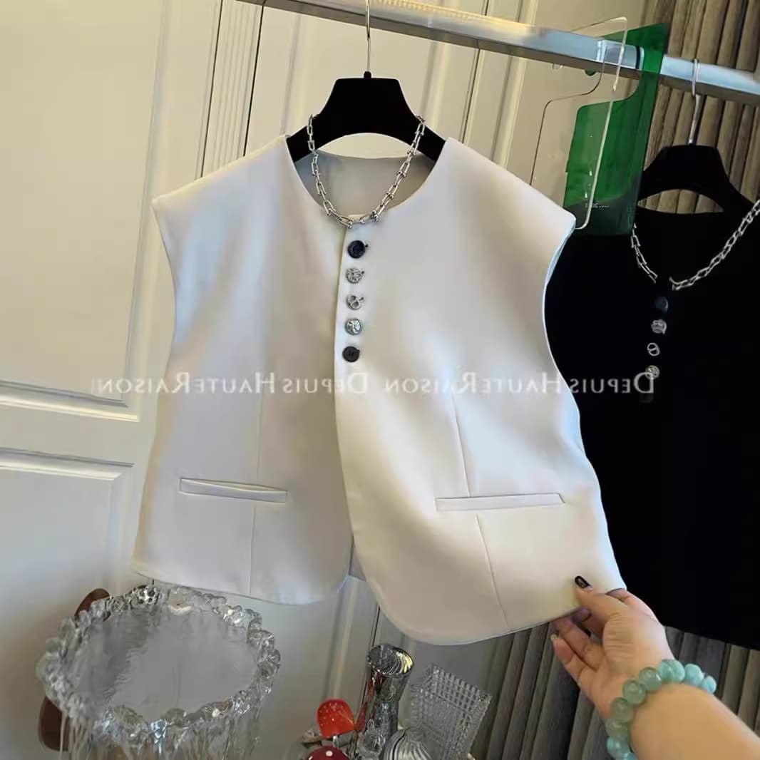 European Style Women's High-End Button Vest Blazer, Spring and Autumn Loose Design Outerwear, Korean Style Sleeveless Vest