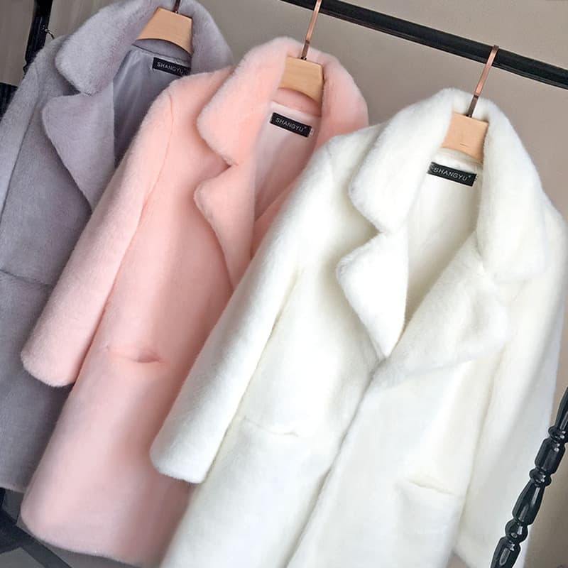 Winter New Faux Mink Faux Fur Coat Women Midi Young Style Fashion Coat Thick Warm Overcoat