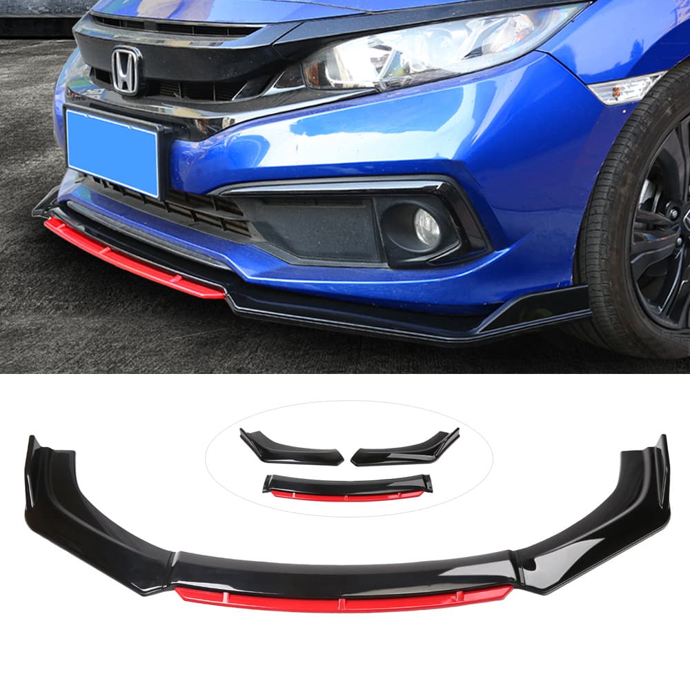Universal Car Three-Piece Front Splitter with Red Trim, Four-Piece Front Lip, Small Front Bumper Spoiler Corner