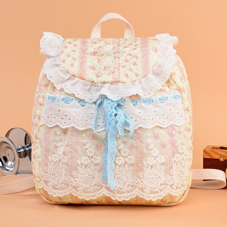 Fashionable Versatile Original Handmade Large-Capacity Floral Lace Patchwork Pleated Bow Backpack Cloth Bag for Women