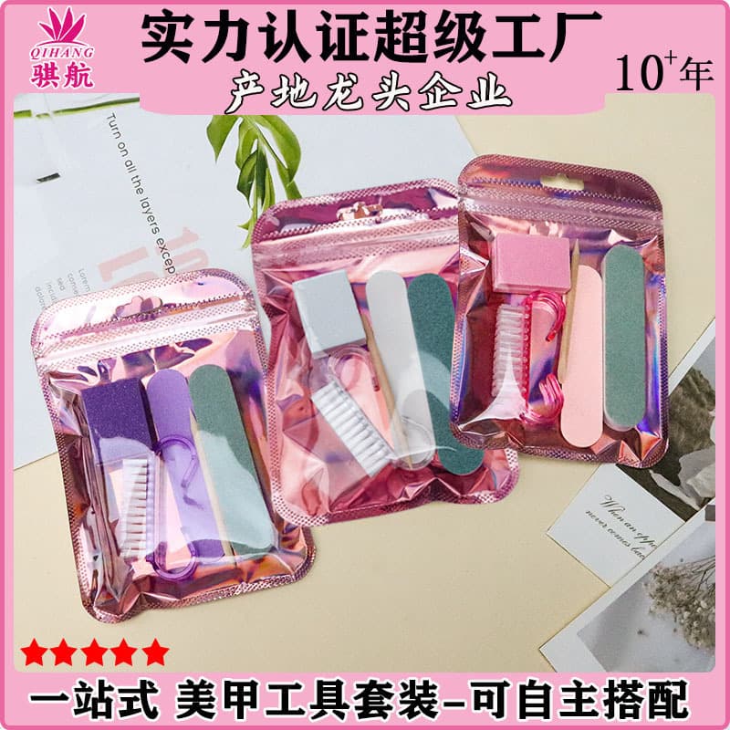 Nail tool kit (5 pieces): nail file, mini buffing block, short polishing strip, wooden stick, horn brush.