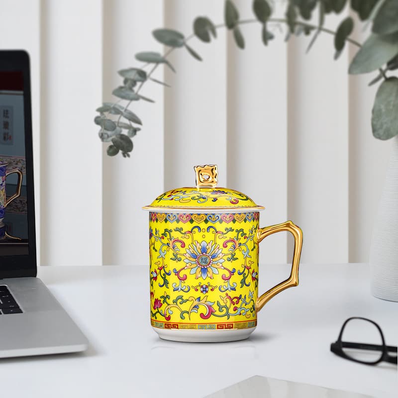 Chinese Imperial Style Gold-Rimmed Enamel Climbing Lotus and Dragon Cup High-End Office Meeting Cup Premium Bone China Cup with Lid