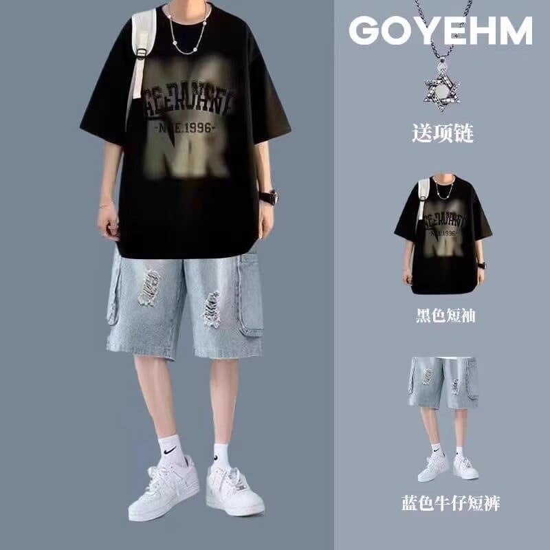 Men's Summer Short Sleeve T-Shirt Set with Trendy Denim Shorts, Cool and Stylish Two-Piece Outfit
