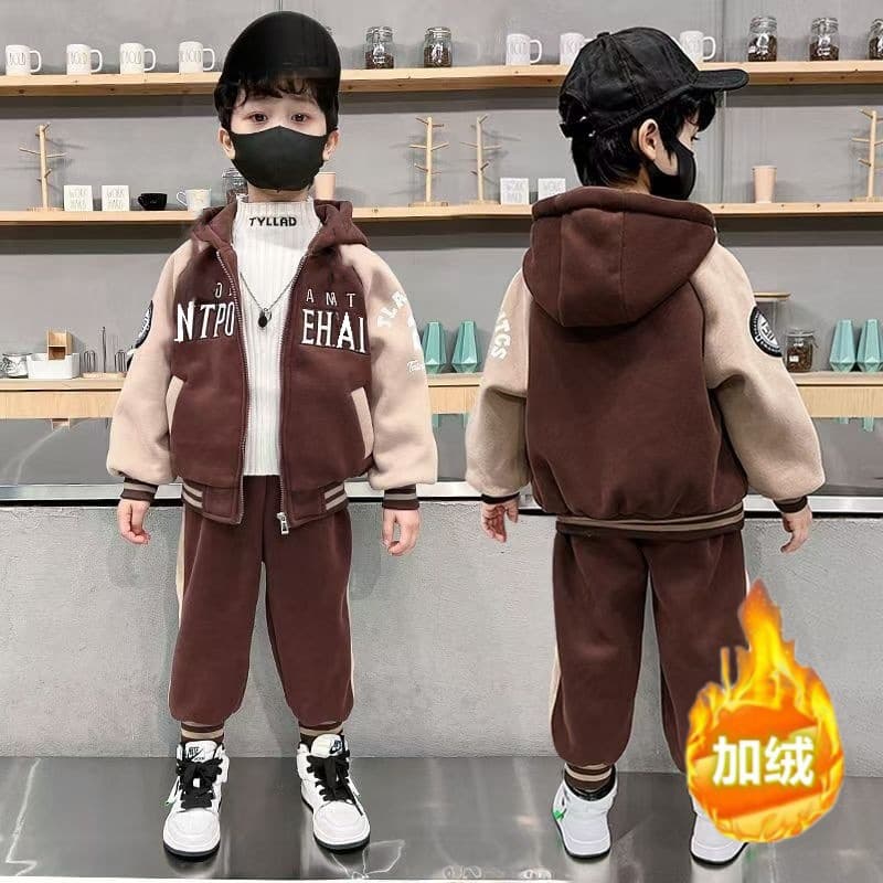 Children's clothing boys' suits plus velvet winter 2025 new medium and large children's thickened jackets casual trousers boys winter clothing