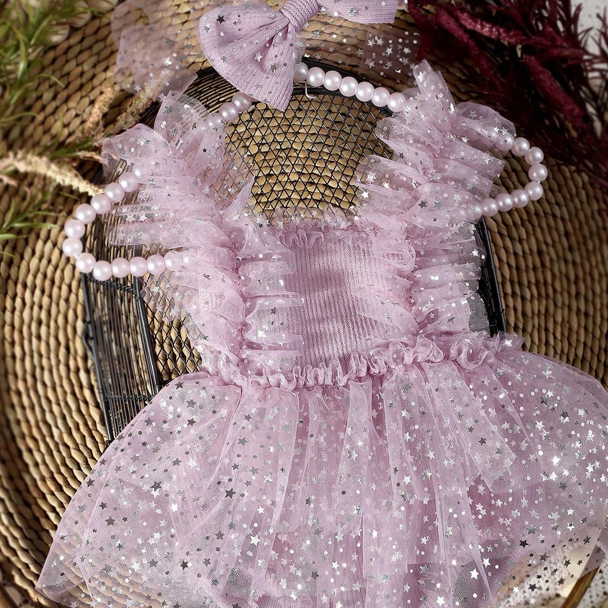 Newborn Photography Outfit Baby 100-Day Photo Shoot Large Bow Sparkling Star Tutu Dress Triangle Bodysuit
