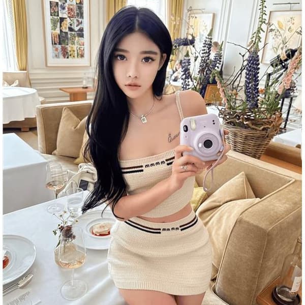 Nanyou S Contrast Color Knit Skirt Camisole Style Beige New Top Letter Print Women Sweet Stretch Tube Top Knit Sweater