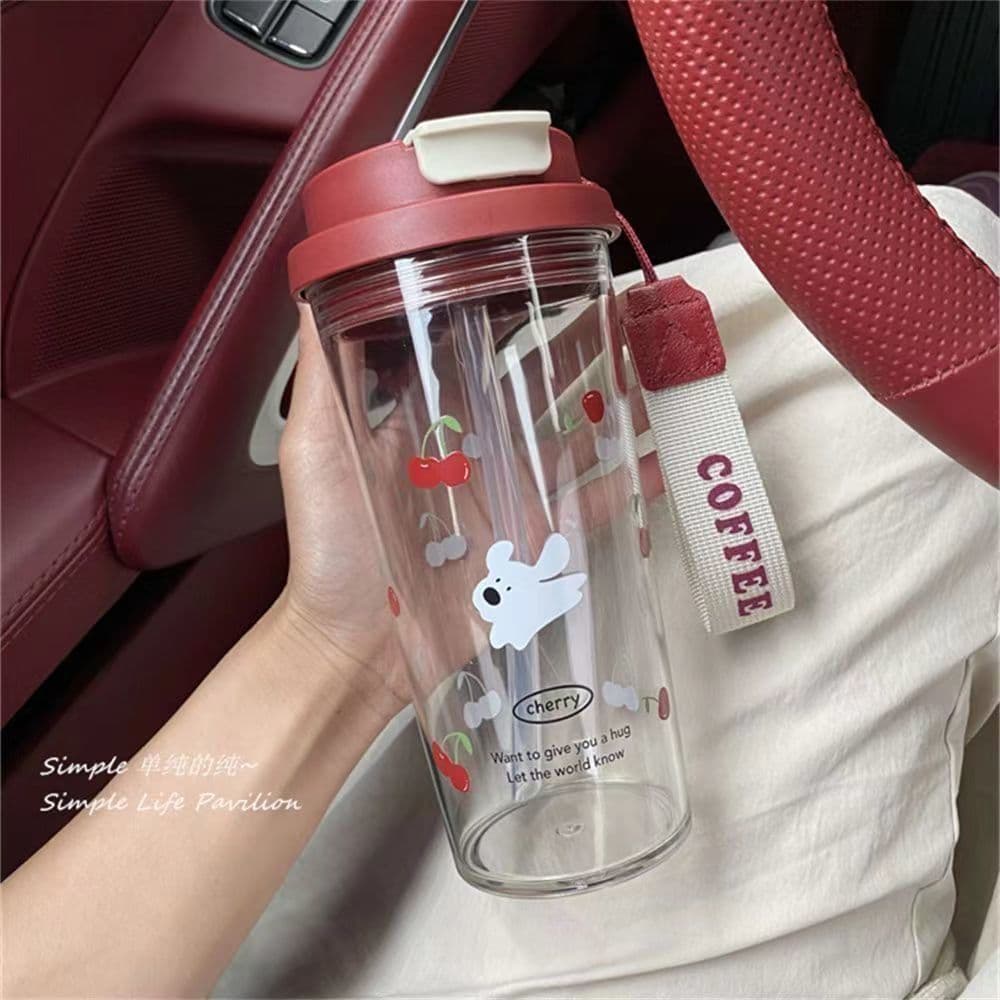 Portable Summer Plastic Water Cup Cherry Little Dog Design High Aesthetic Value Straw Cup Student Friendly Flat Bottom Cup
