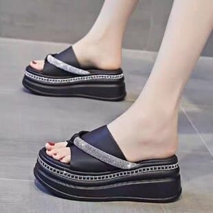 Trending Platform Wedge Heel Sandals for Women 2026 Summer New Outdoor Thick Sole Rhinestone Slides