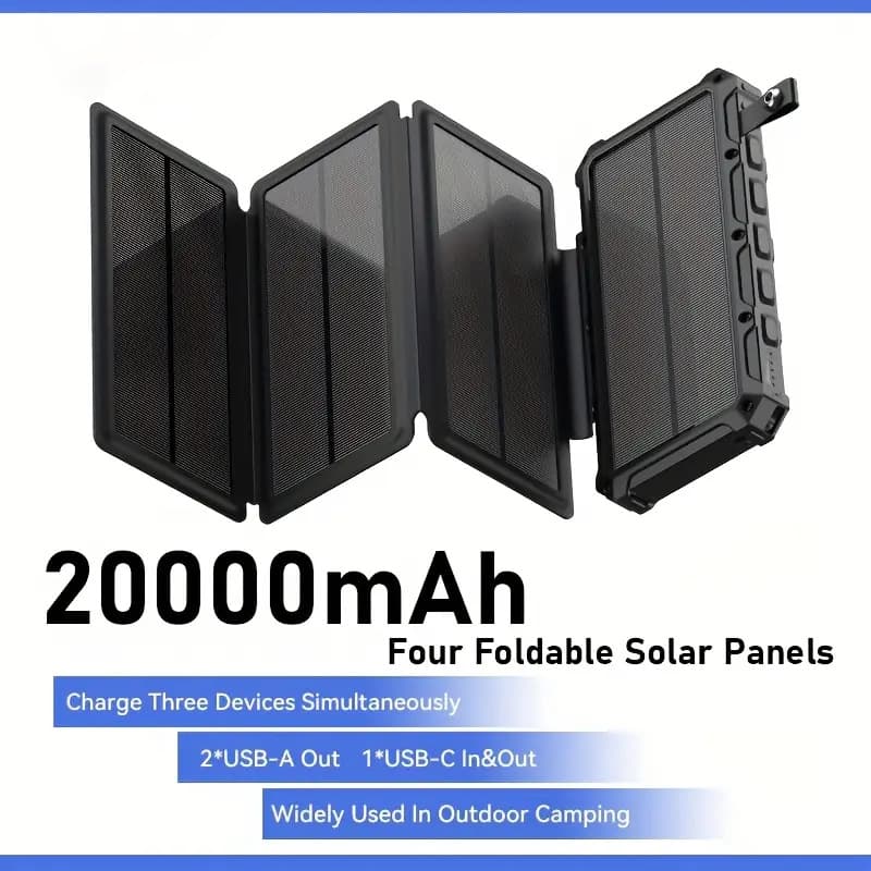 1+3 Solar Charging Power Bank Outdoor Foldable 20000mAh Large Capacity Mobile Phone Wireless Charger Portable Power Supply