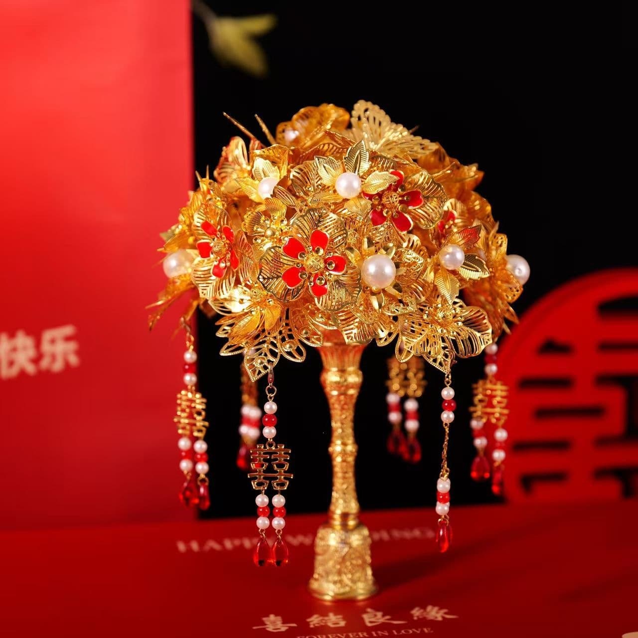 New Gold Fresh Hand Bouquet Material Kit, Chinese Wedding Bride Xiuhe Suit Scepter, Gift for Bridesmaids