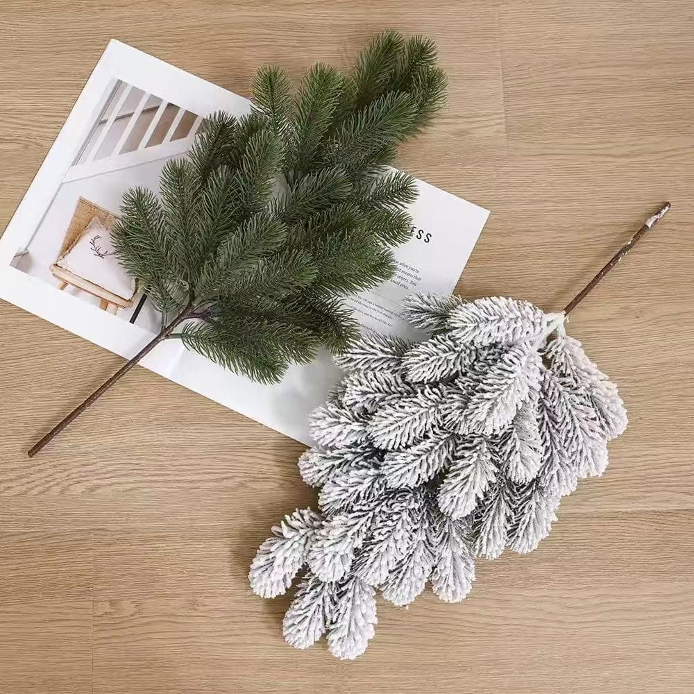Simulated Pine Branches PE Cuttings Christmas Tree Spray White Flocking Green Branches Hanging Branches Holiday Decoration Pine Tree Hangings Cross-Border