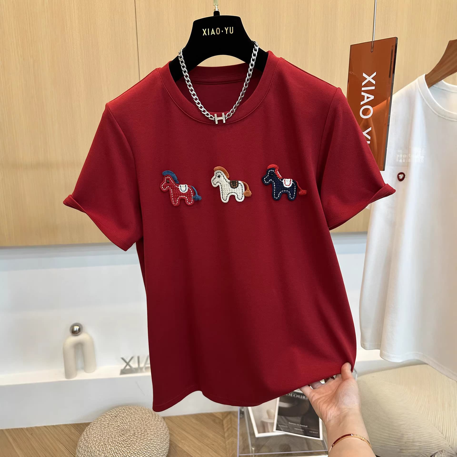 Cross-Border Plus Size 120kg European Style Spring Versatile Zodiac Year Embroidered Round Neck Short Sleeve T-Shirt Women's Top