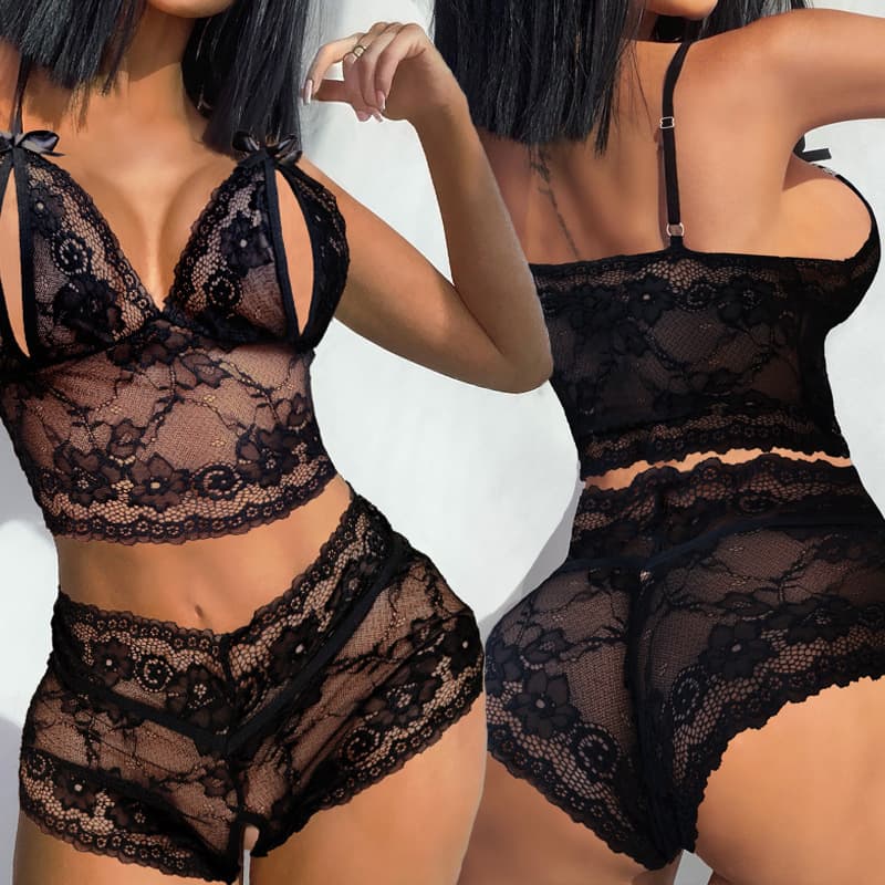 2023 Summer European and American Sexy Lingerie Open Chest Open Crotch No-Removal Three-Point Temptation Lace Lingerie Set
