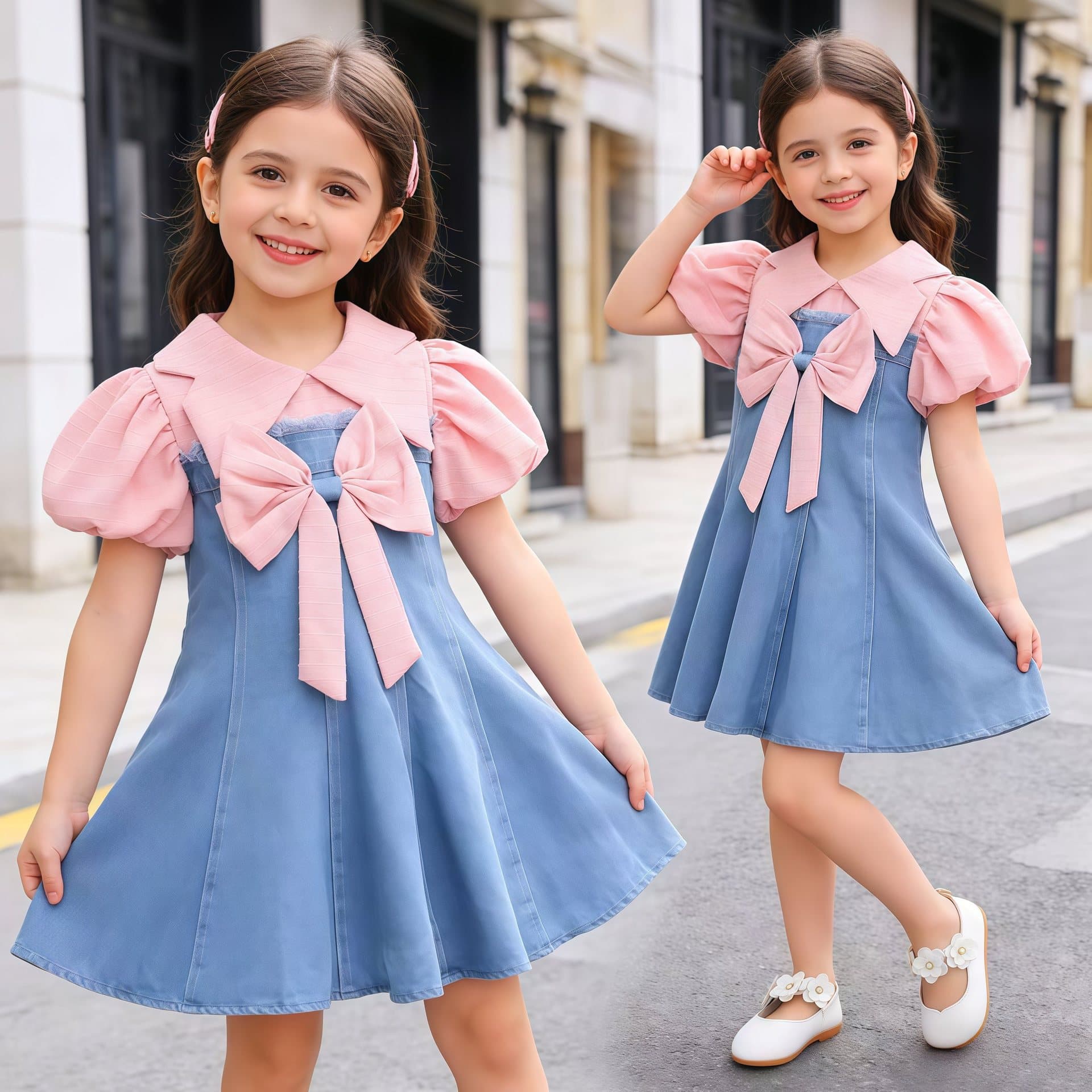 Summer Puff Sleeve New Fashion Bow Tie Patchwork European and American Style Girls' Elegant Children's Clothing Princess Dress Denim Cross-Border