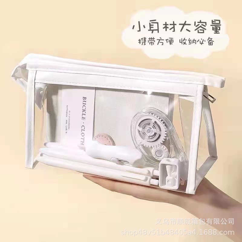 Cartoon transparent large capacity pencil cases, simple solid color styles for junior/high school students, Japanese-style cosmetic bags
